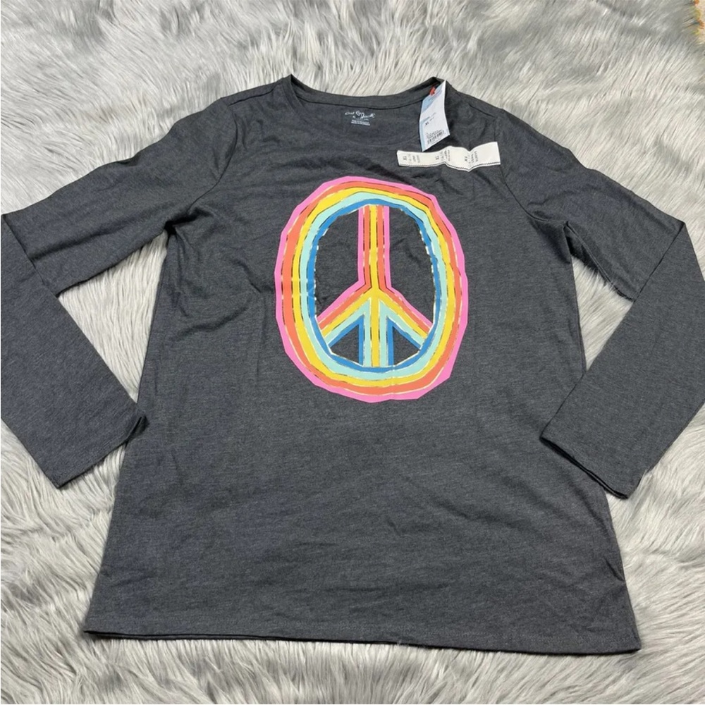 Cat & Jack Girls Gray Rainbow Peace Sign Long Sleeve Shirt Size XL
